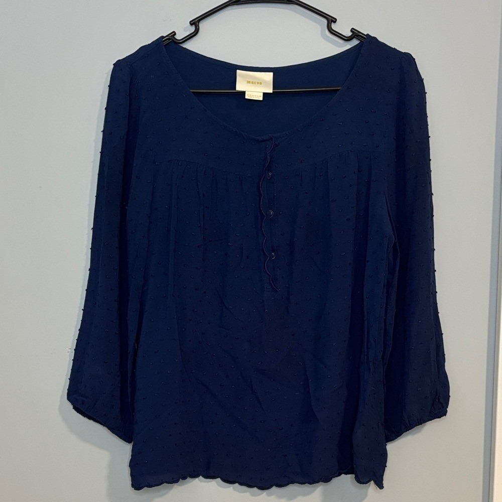Maeve Anthropologie Navy Blue Clip‎ Dot Ruffle Button Blouse Scallop Hem Size 10